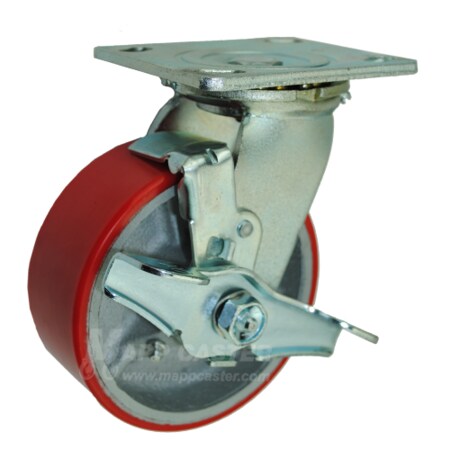 Mapp Caster 5"X2" Red Poly. on Iron Whl Swvl Caster W/ Top Lock Brake, 1100Lbs Cap 146PURB520SB